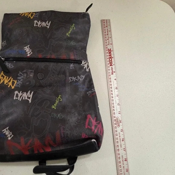DKNY Graffiti Print Backpack Black Faux Leather NYC Streetwear Foldover Bag - Picture 8 of 10